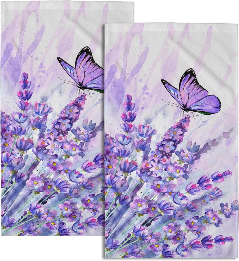 Granbey Watercolor Lavender Butterfly Kitchen Towels Set of 2 Purple Flower Butterflies Decorative Dish Towels Spring Floral Drying Baking Cooking Cloth Seasonal Super Soft Towels for Home Kitchen Face Towel - Image 1